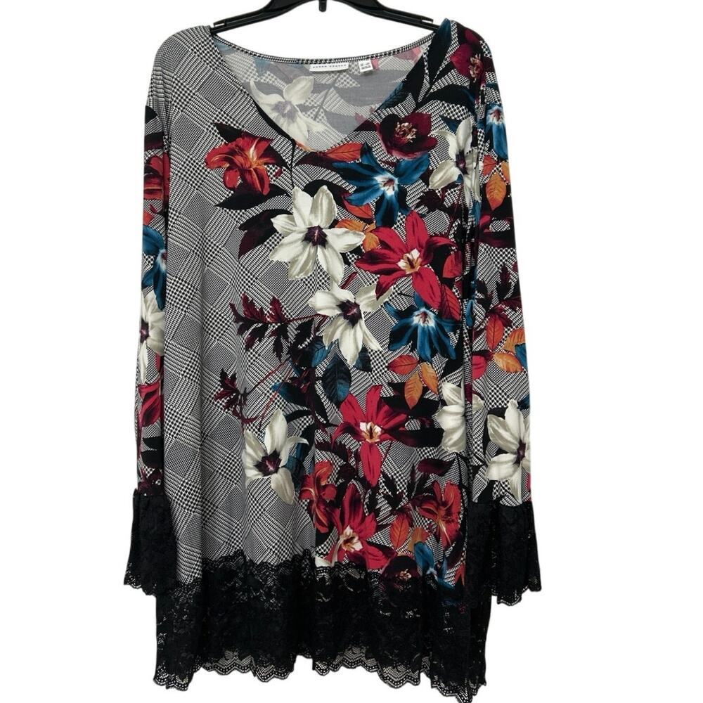 Susan Graver Liquid Knit Floral Plaid Black Lace Trim Relaxed Tunic Top 3X